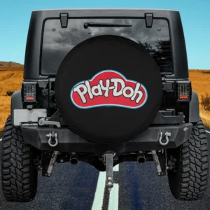 Red and blue Play-Doh logo on black spare tire cover, no camera hole, for Jeep or 5th wheel