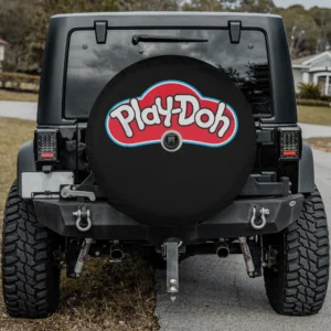 Red blue Play-Doh logo black spare tire cover with backup camera hole for SUV or RV