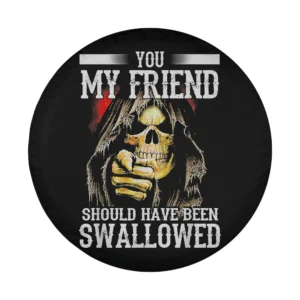 pointing skeleton hooded cloak halloween spare tire cover edgy design closeup