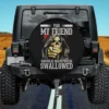 pointing skeleton hooded cloak halloween spare tire cover on Jeep with no camera hole