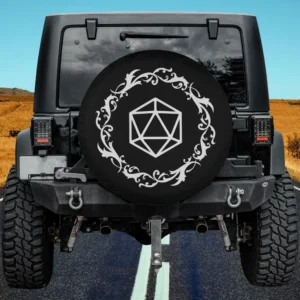 Polyhedral D20 dice with magical scrollwork geeky spare tire cover no camera hole