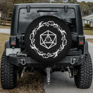 Polyhedral D20 dice magical scrollwork geeky spare tire cover with backup camera hole