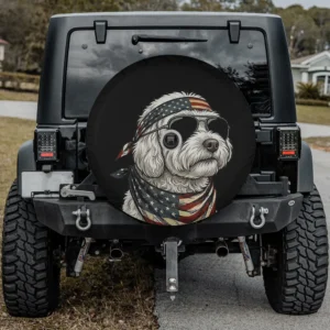 Spare tire cover with poodle dog in aviators and American flag bandana, camera hole option