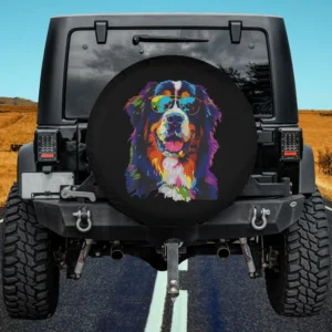 Pop art Bernese Mountain Dog with sunglasses spare tire cover on Jeep