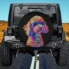 Pop art sunglasses toy poodle dog spare tire cover on Jeep with neon colors