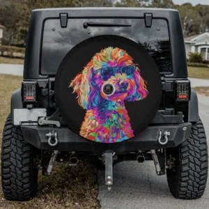 Spare tire cover with pop art sunglasses toy poodle dog and backup camera hole