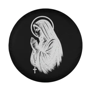 Vintage graphic praying Virgin Mary with rosary for Christian tire cover