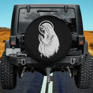 Praying Virgin Mary with rosary vintage Christian spare tire cover no camera hole