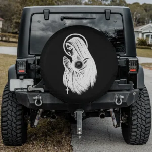 Praying Virgin Mary with rosary vintage Christian spare tire cover with camera hole