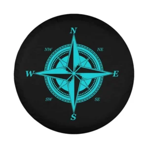 Aqua blue compass rose with N S W E on black preppy nautical spare tire cover