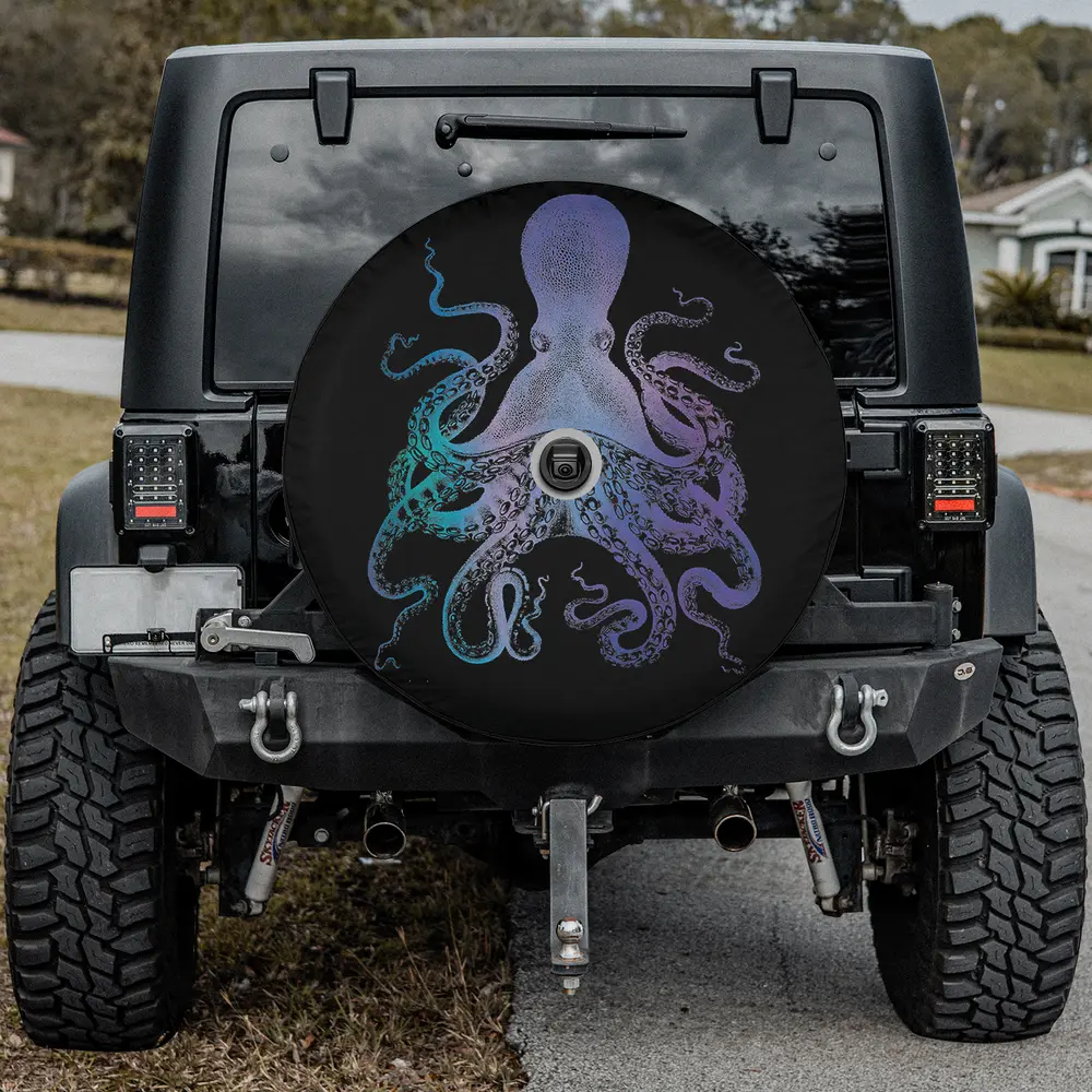 psychedelic gradient octopus vintage kraken art spare tire cover with camera hole