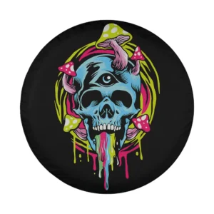 Close-up of psychedelic mushroom raver skull third eye festival design on spare tire cover