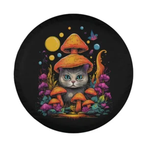 psychedelic mushrooms forest cat tire cover design only, festival style art
