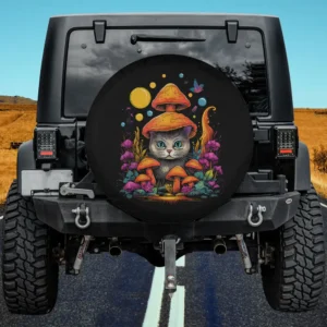psychedelic mushrooms forest cat spare tire cover with vivid festival art, no camera hole