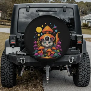 psychedelic mushrooms forest cat spare tire cover with backup camera hole, colorful mushroom cat design