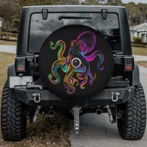 psychedelic neon octopus line art sea monster spare tire cover with camera hole