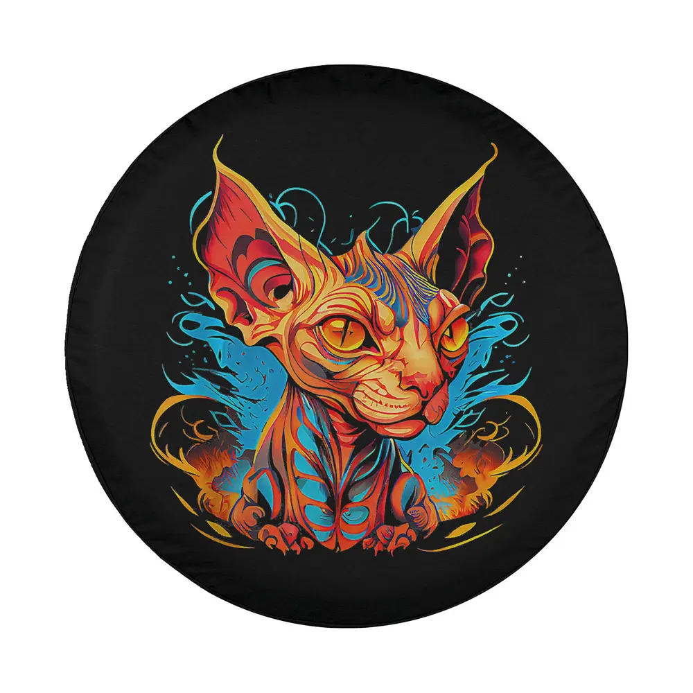 psychedelic neon sphynx cat flame swirl digital art for spare tire cover