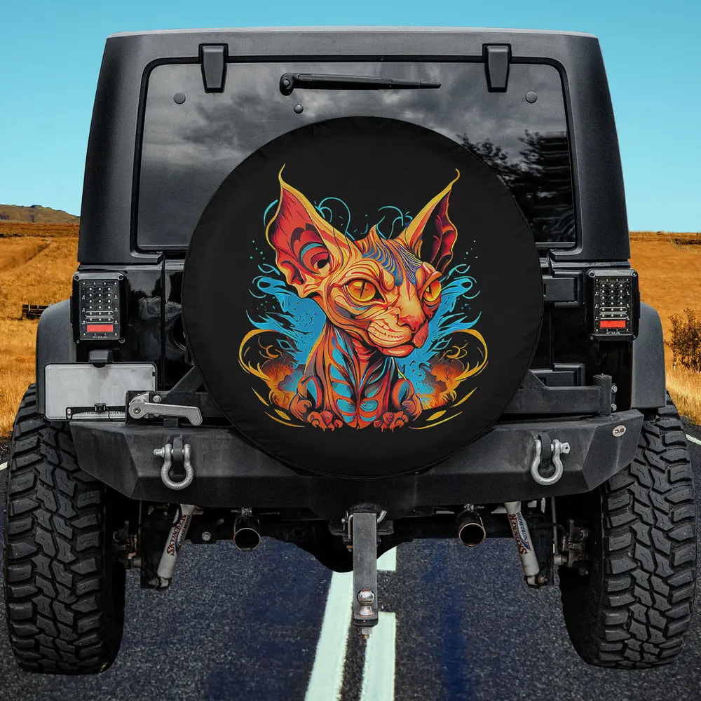 psychedelic neon sphynx cat flame swirl spare tire cover with no camera hole for Jeep SUV RV