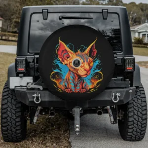psychedelic neon sphynx cat flame swirl spare tire cover with backup camera hole for Jeep SUV RV