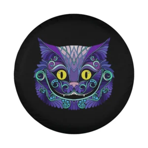 psychedelic purple swirls yellow eyes cheshire cat design closeup