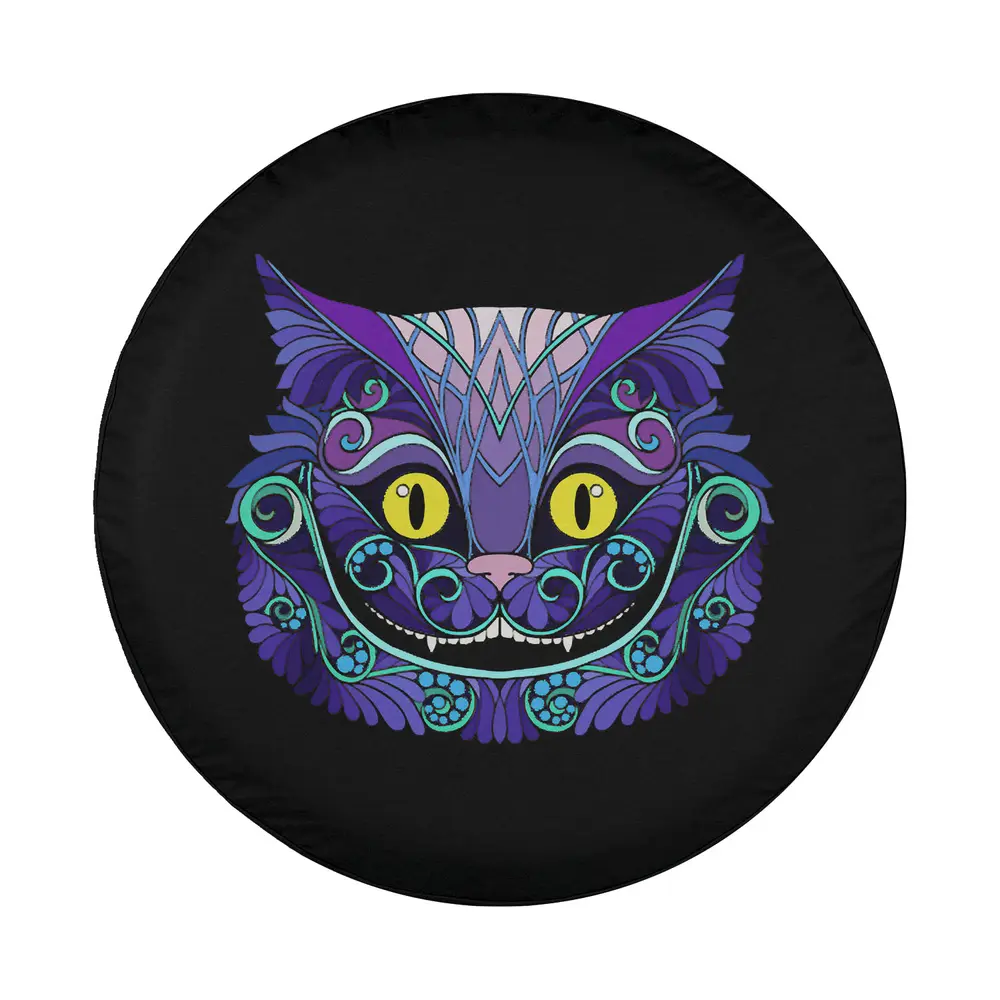 psychedelic purple swirls yellow eyes cheshire cat design closeup