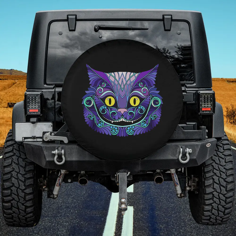 psychedelic purple swirls yellow eyes cheshire cat spare tire cover no camera hole
