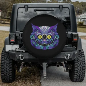 psychedelic purple swirls yellow eyes cheshire cat spare tire cover with camera hole