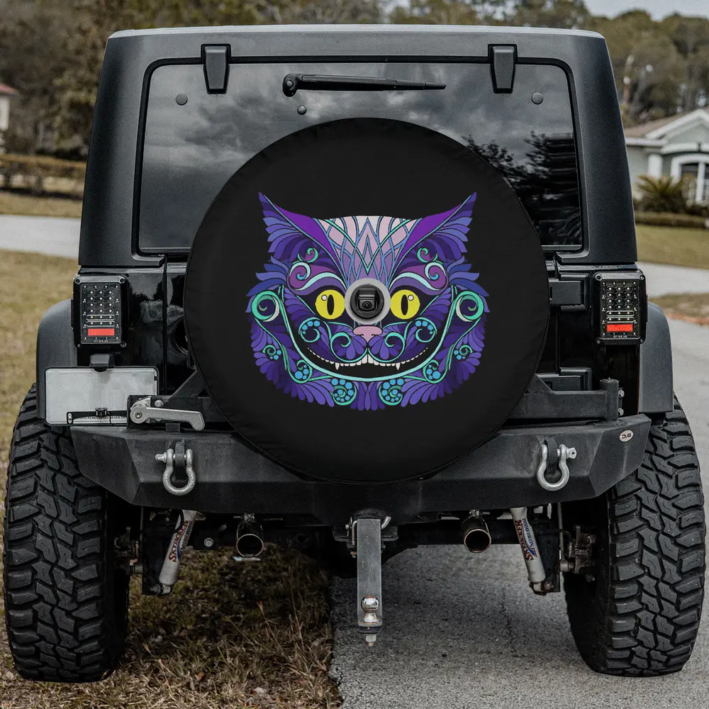 psychedelic purple swirls yellow eyes cheshire cat spare tire cover with camera hole