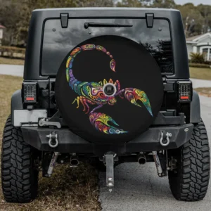spare tire cover with psychedelic rainbow scorpion swirling pattern and camera hole