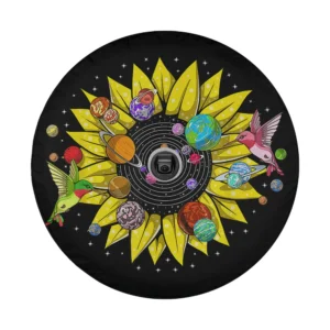 Psychedelic sunflower planets and hummingbirds design for spare tire cover