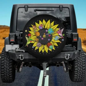 Psychedelic sunflower with planets and hummingbirds spare tire cover for Jeep SUV RV, no camera hole