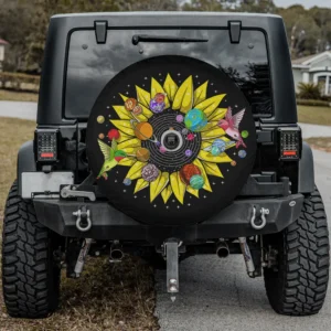 Psychedelic sunflower planets hummingbirds spare tire cover for Jeep with camera hole