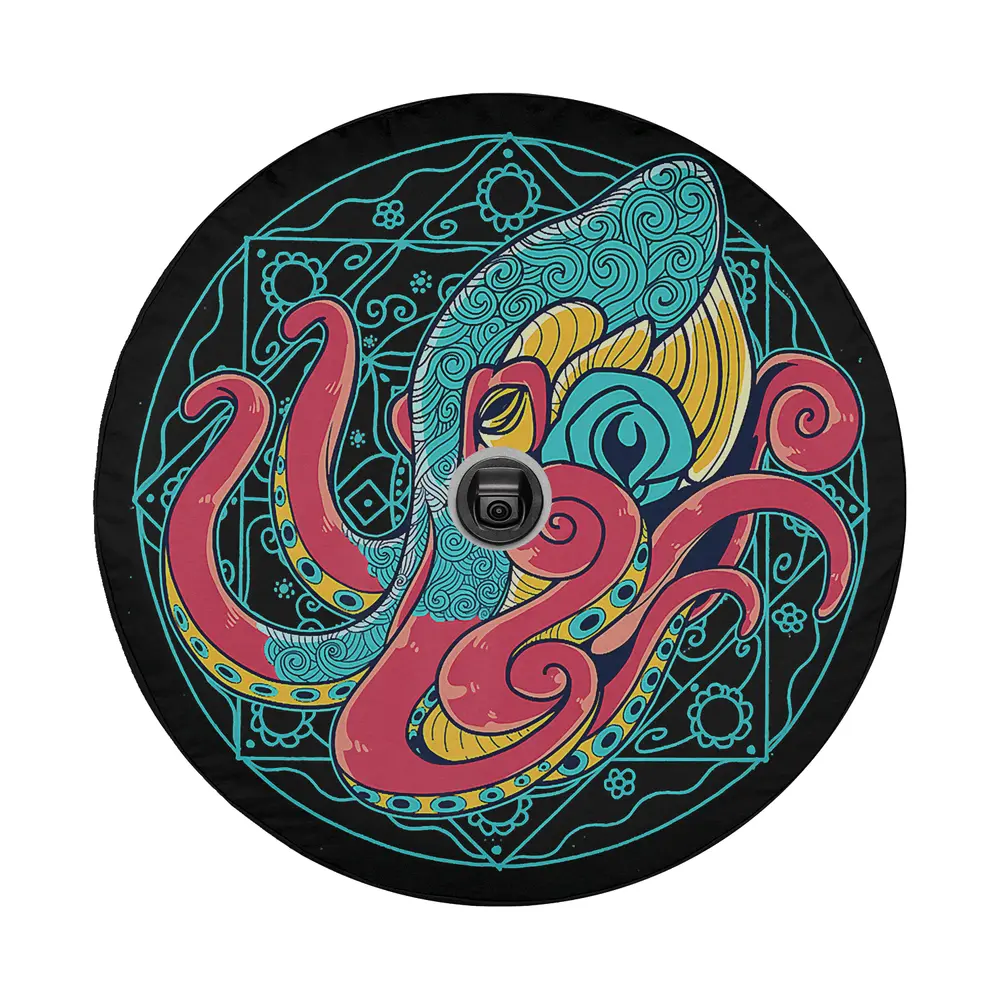 Psychedelic teal mandala kraken octopus design for spare tire cover