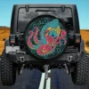 Psychedelic teal mandala kraken octopus spare tire cover on Jeep with no camera hole