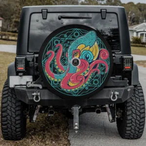 Psychedelic teal mandala kraken octopus spare tire cover with backup camera hole option