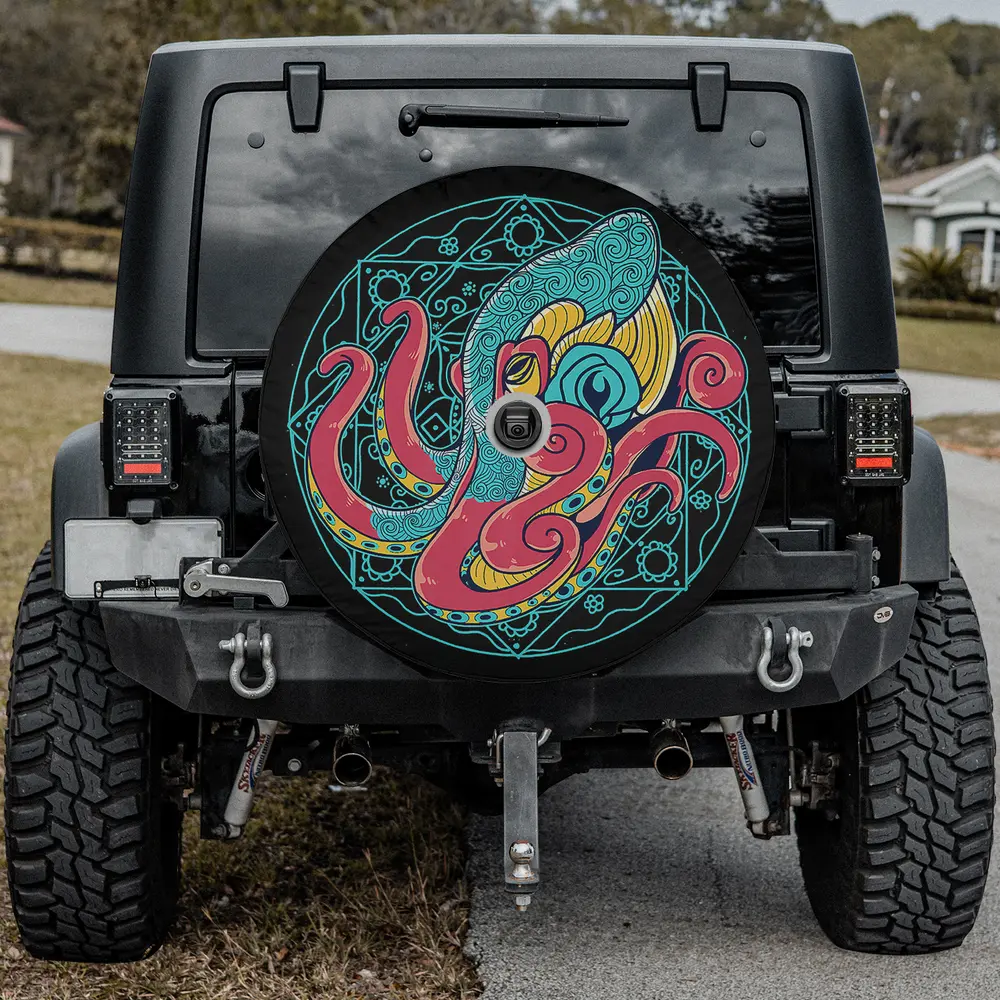 Psychedelic teal mandala kraken octopus spare tire cover with backup camera hole option