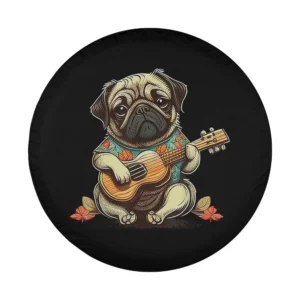 Cartoon pug dog in Hawaiian shirt playing ukulele design only