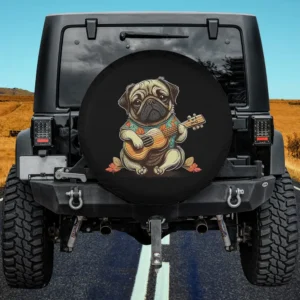 Pug dog in Hawaiian shirt playing ukulele cartoon spare tire cover no camera hole