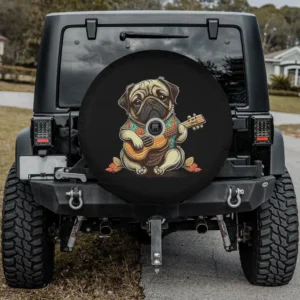 Pug dog in Hawaiian shirt playing ukulele cartoon spare tire cover with camera hole