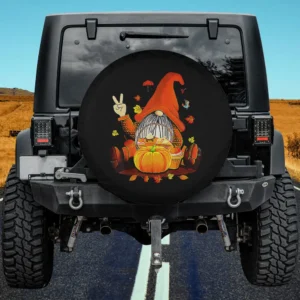 Pumpkin gnome peace sign autumn spare tire cover with no camera hole on Jeep