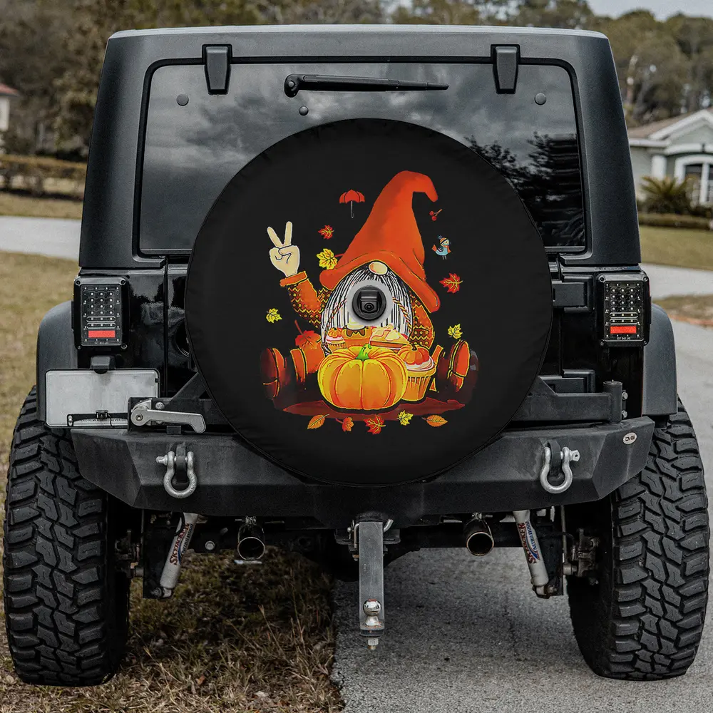 Pumpkin gnome peace sign autumn spare tire cover with camera hole for SUV RV