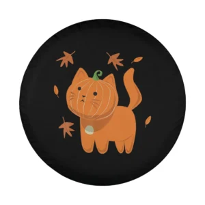 Cartoon cat with pumpkin head and autumn leaves Halloween tire cover design