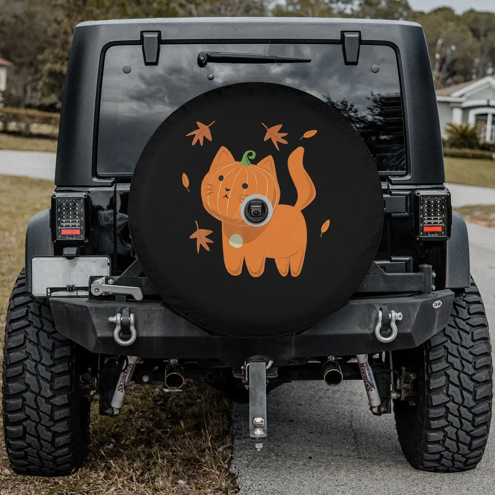 Pumpkin head cat autumn leaves spare tire cover with backup camera hole Jeep SUV RV