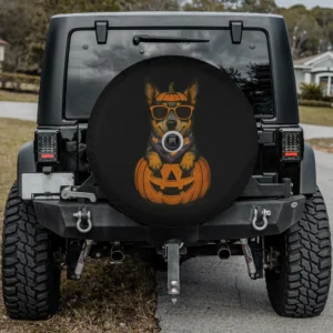 Halloween spare tire cover with Blue Heeler dog, pumpkin sunglasses, jack-o-lantern, camera hole option