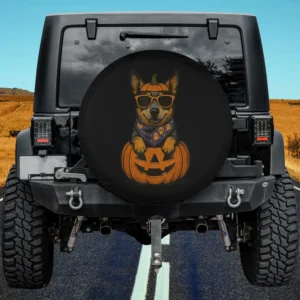 Pumpkin Sunglasses Blue Heeler Halloween Spare Tire Cover No Camera Hole