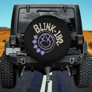 Purple arrows and smiley Blink-182 logo spare tire cover with no camera hole on Jeep