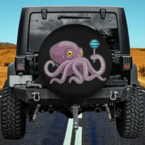 Purple cartoon octopus holding blue lollipop spare tire cover no camera hole