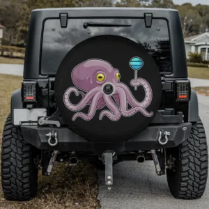 Purple cartoon octopus holding blue lollipop spare tire cover with camera hole