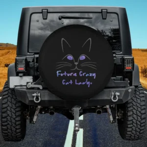 Purple cat eyes handwritten future crazy cat lady spare tire cover with no camera hole