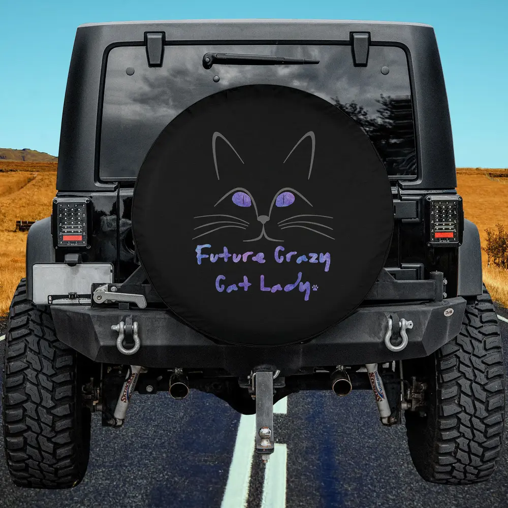 Purple cat eyes handwritten future crazy cat lady spare tire cover with no camera hole